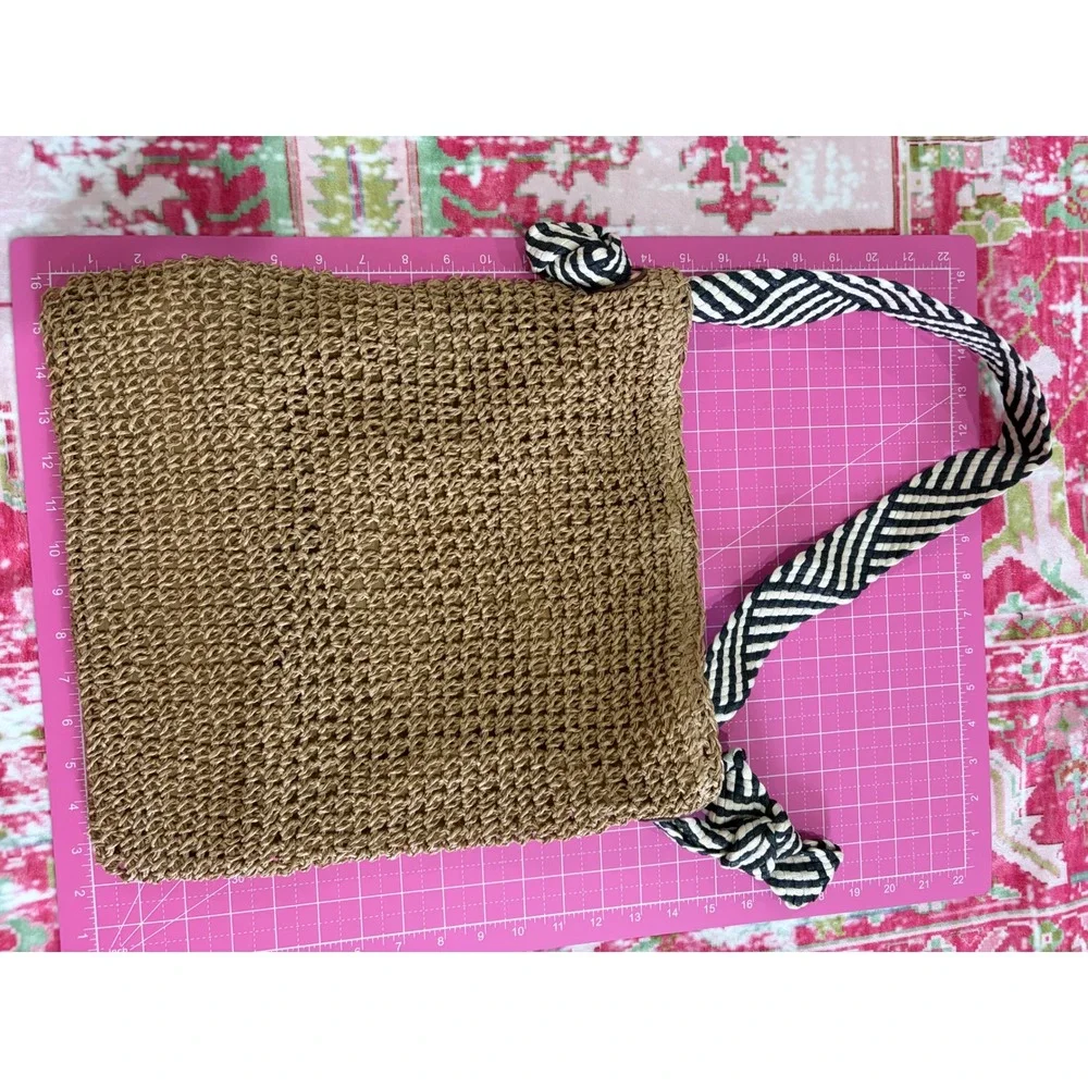 Woven Straw Tote Bag Tan Brown Striped Knotted Strap Boho Beach Shoulder Bag - Picture 5 of 6